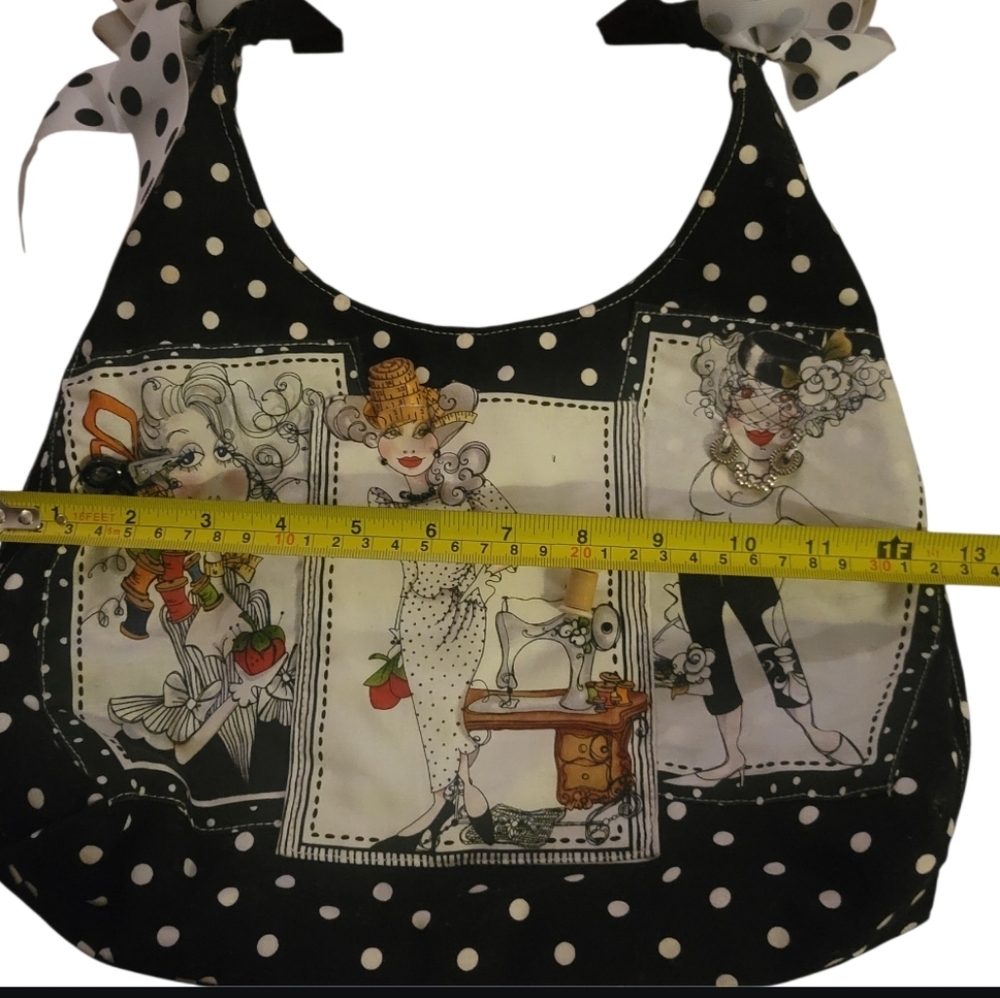 Handmade By Loralie Harris Fabric Panels Bag Polka Dot Black White Whimsical Art - Picture 14 of 16